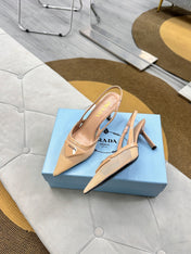 PRADA 25S TRIANGLE LOGO SLINGBACK PUMPS IN BEIGE MESH FABRIC