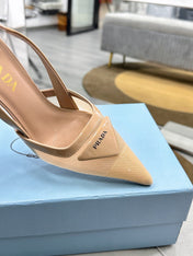 PRADA 25S TRIANGLE LOGO SLINGBACK PUMPS IN BEIGE MESH FABRIC
