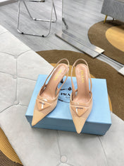 PRADA 25S TRIANGLE LOGO SLINGBACK PUMPS IN BEIGE MESH FABRIC