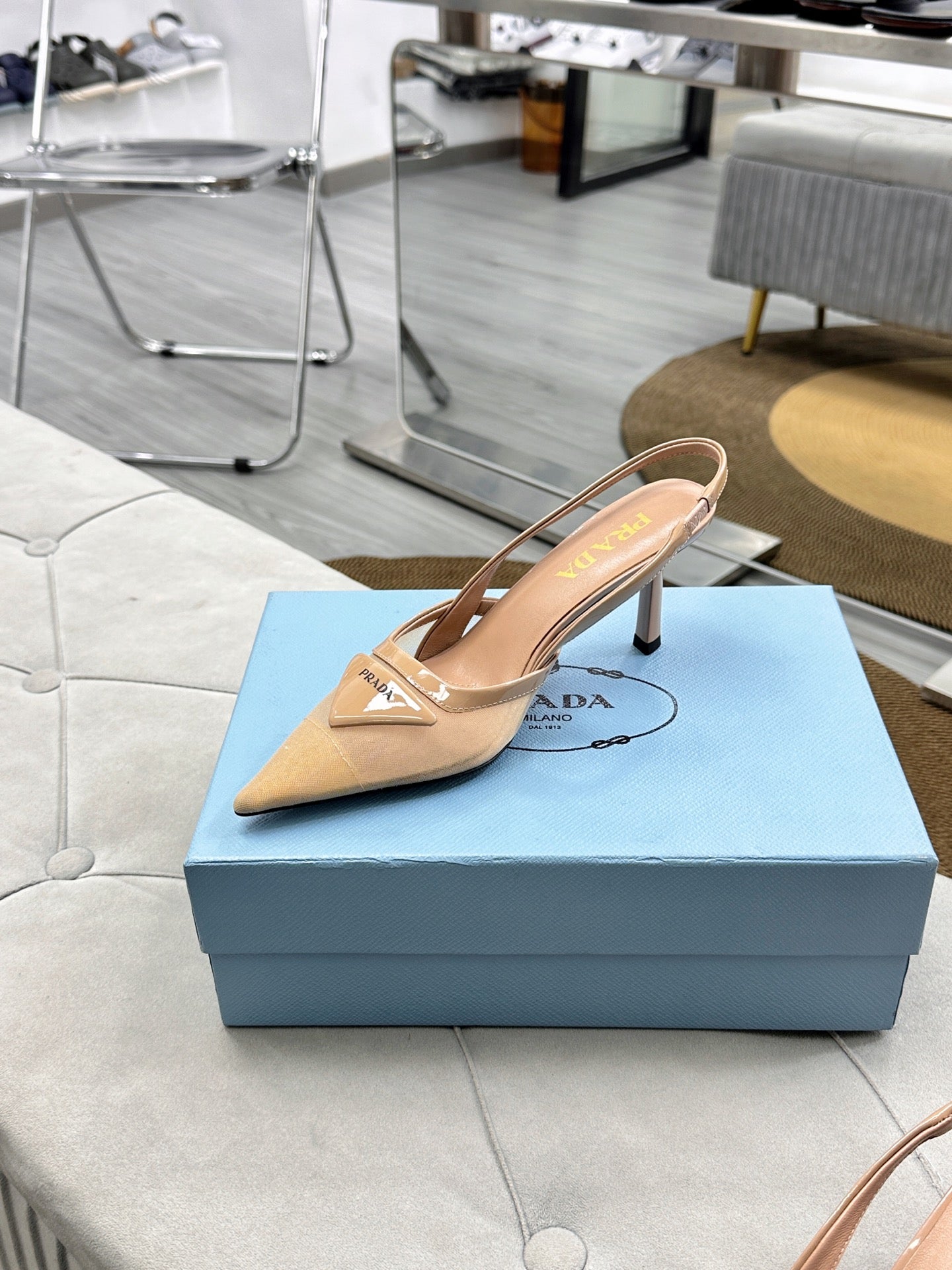 PRADA 25S TRIANGLE LOGO SLINGBACK PUMPS IN BEIGE MESH FABRIC