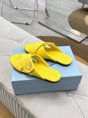 PRADA 25S SLIDE SANDALS IN YELLOW CALFSKIN LOGO