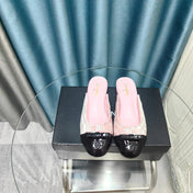 MULE IN LIGHT PINK SATIN AND BLACK LAMBSKIN