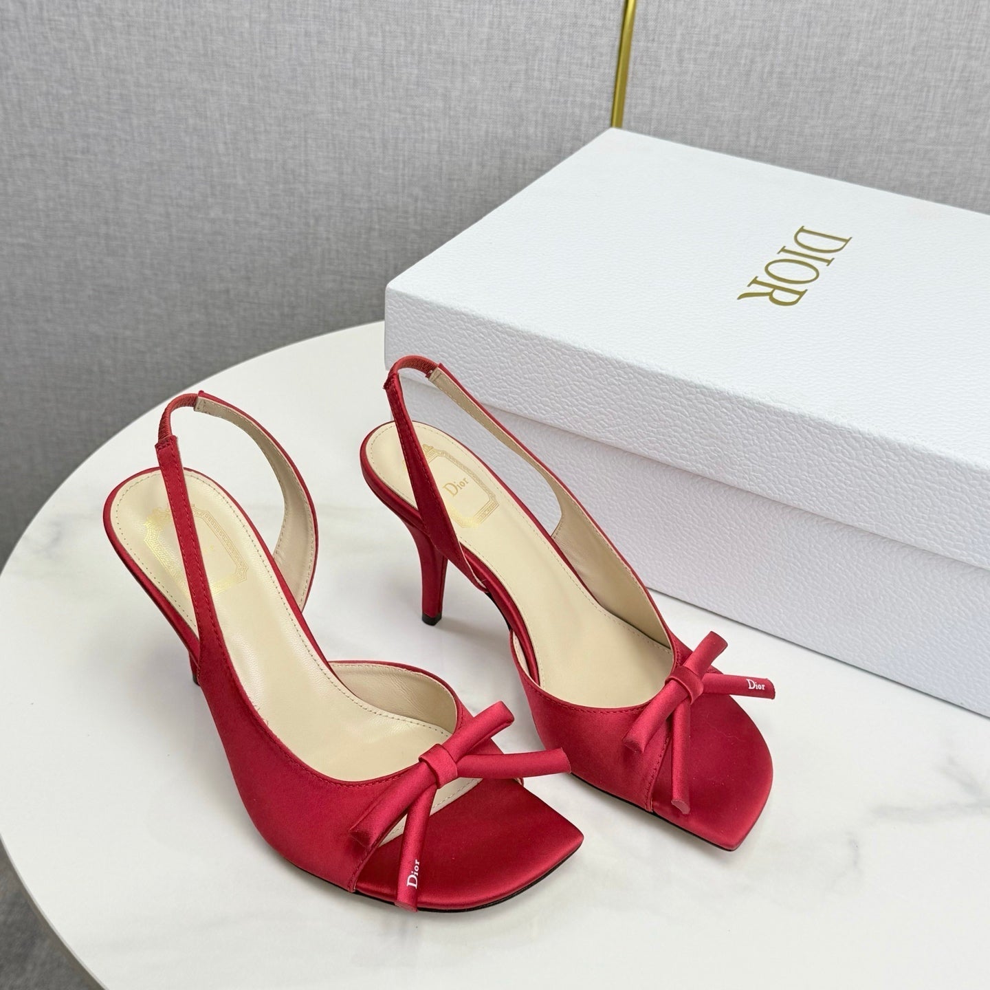 DIOR 26S HIGH-HEEL BACK-STRAP SHOES IN DARK RED SATIN