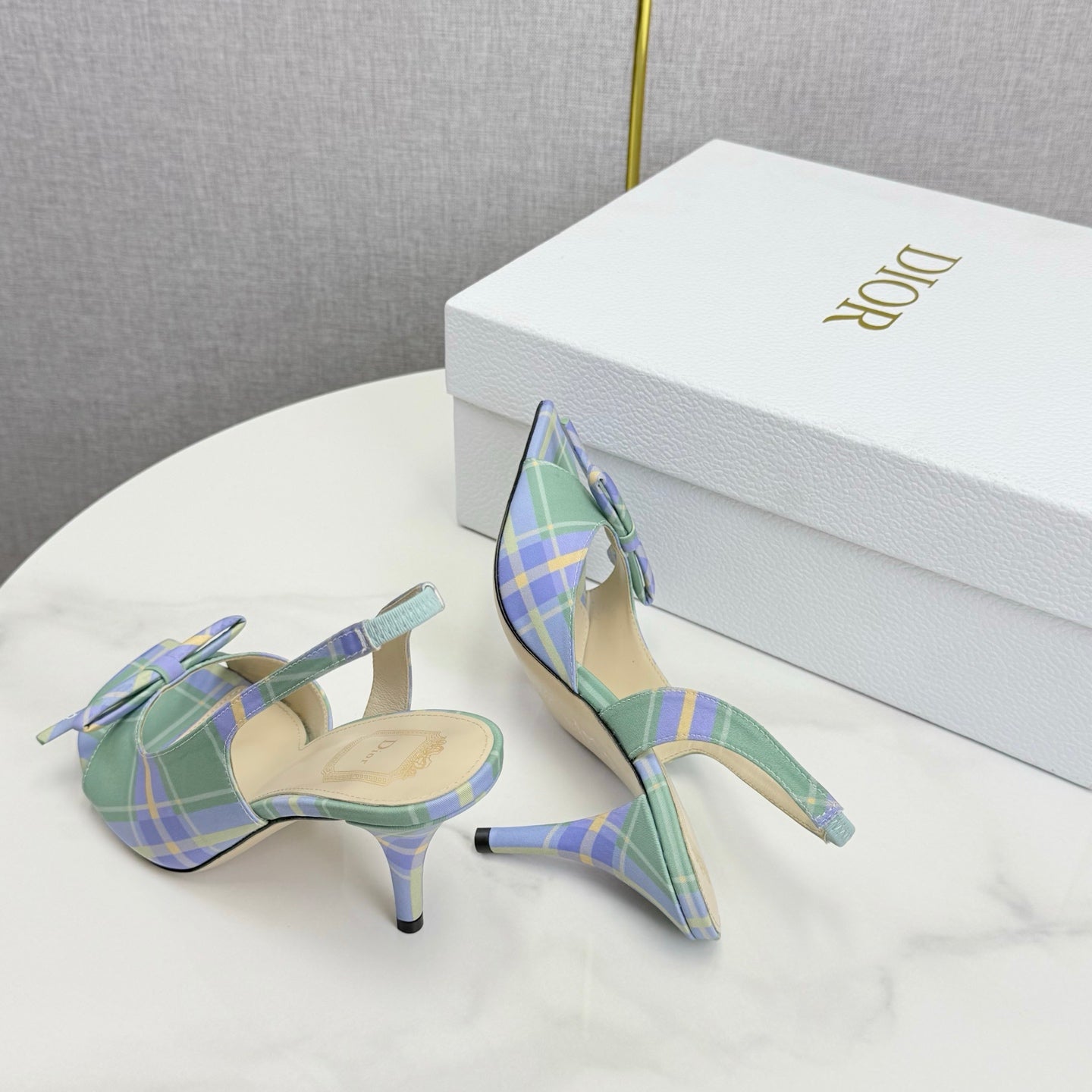 DIOR 26S HIGH-HEEL BACK-STRAP SHOES IN LIGHT LAVENDER AND SAGE GREEN FABRIC