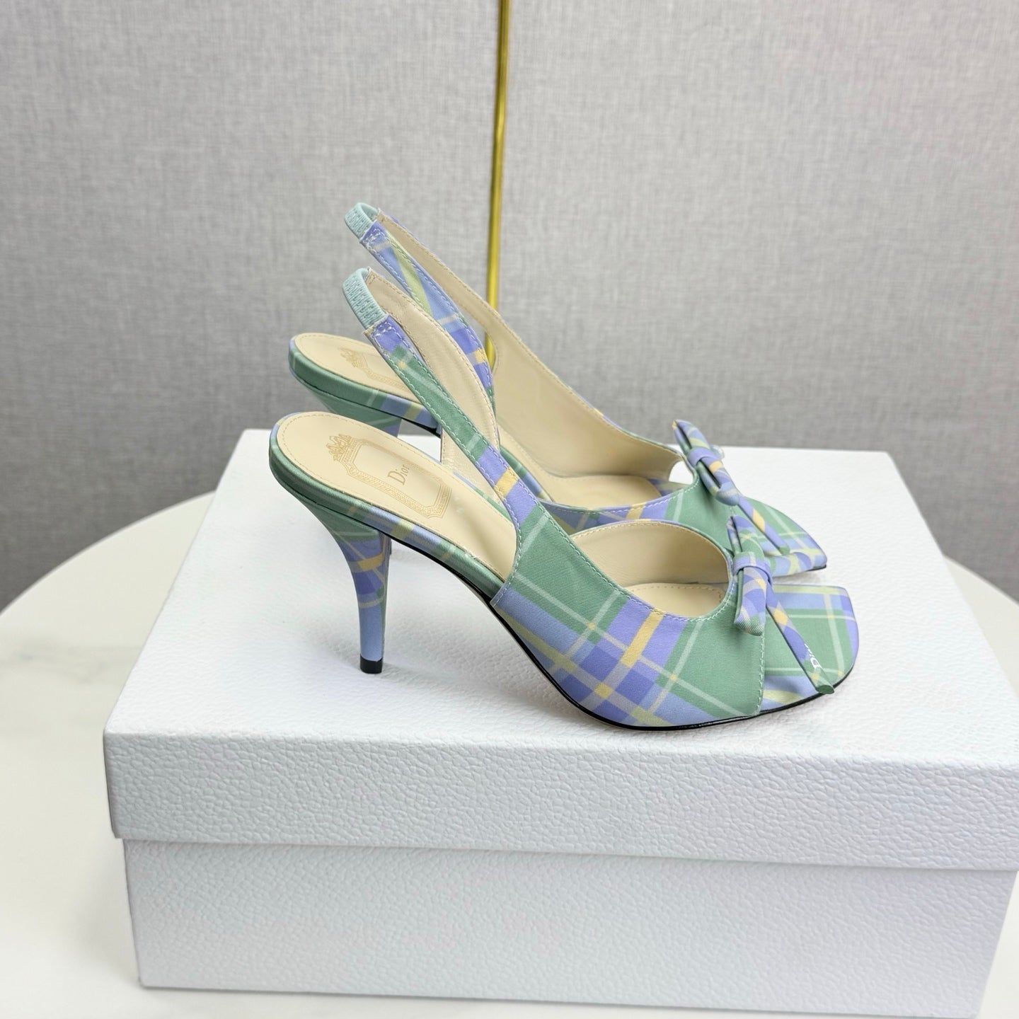 DIOR 26S HIGH-HEEL BACK-STRAP SHOES IN LIGHT LAVENDER AND SAGE GREEN FABRIC