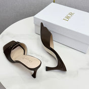 DIOR 26S HIGH-HEELED MULES IN DARK BROWN SATIN GOLD HARDWARE