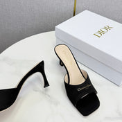 DIOR 26S HIGH-HEELED MULES IN BLACK SATIN GOLD HARDWARE