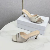 DIOR 26S HIGH-HEELED MULES IN LIGHT GRAY SATIN GOLD HARDWARE