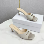 DIOR 26S HIGH-HEELED MULES IN LIGHT GRAY SATIN GOLD HARDWARE