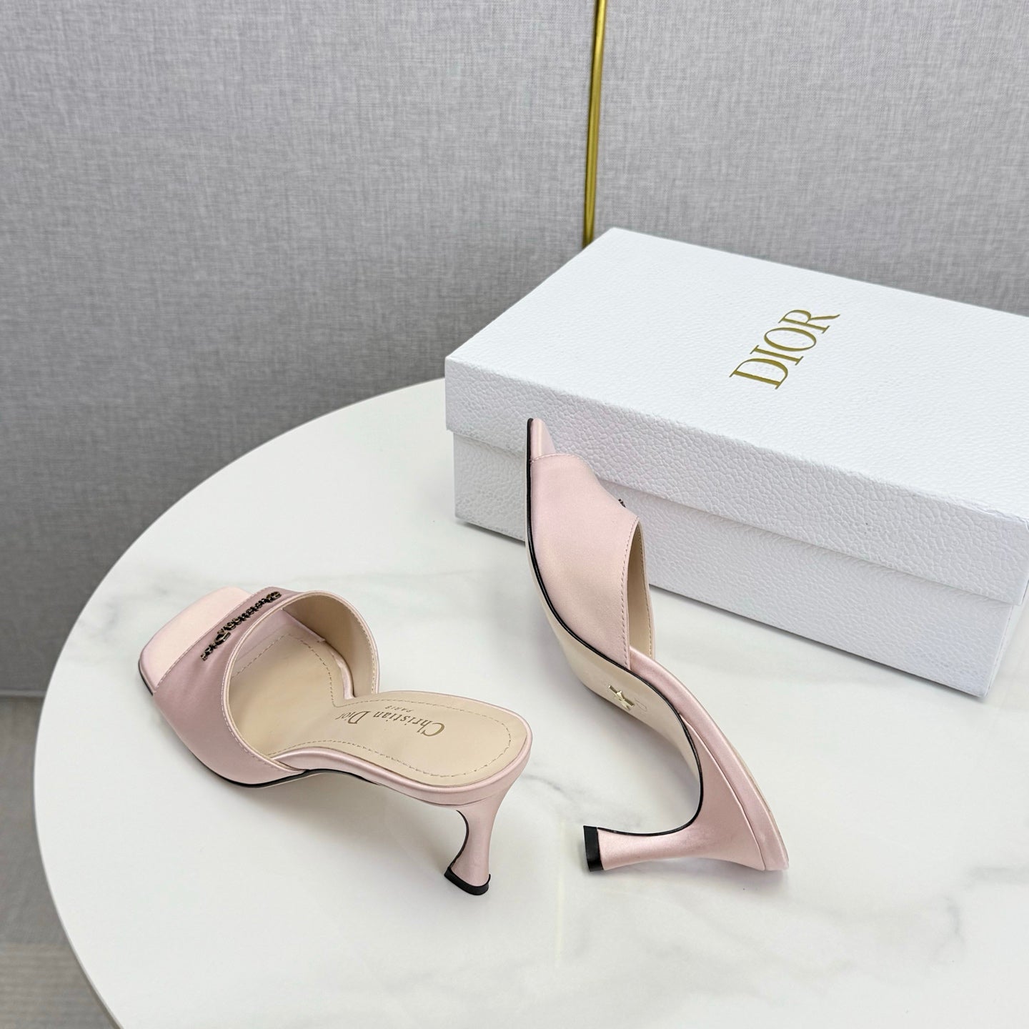 DIOR 26S HIGH-HEELED MULES IN LIGHT PINK SATIN GOLD HARDWARE