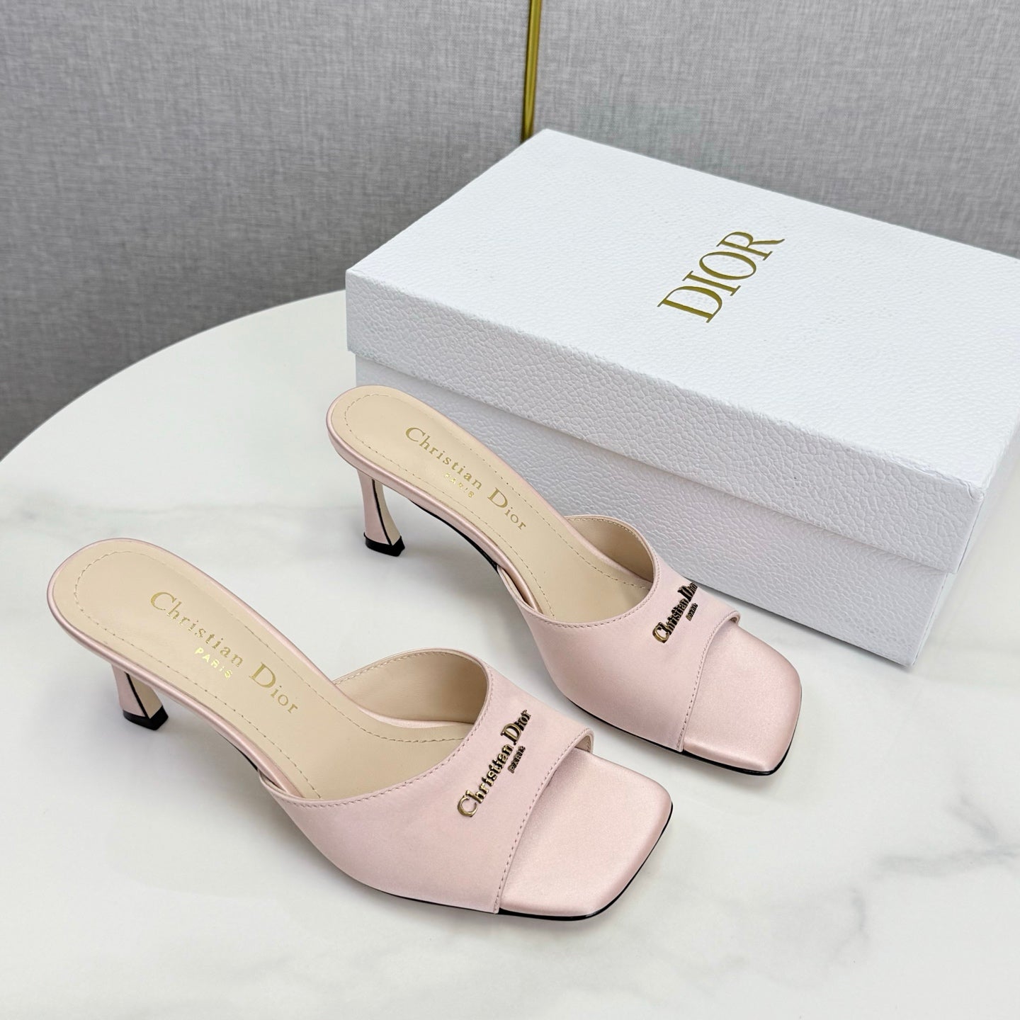 DIOR 26S HIGH-HEELED MULES IN LIGHT PINK SATIN GOLD HARDWARE