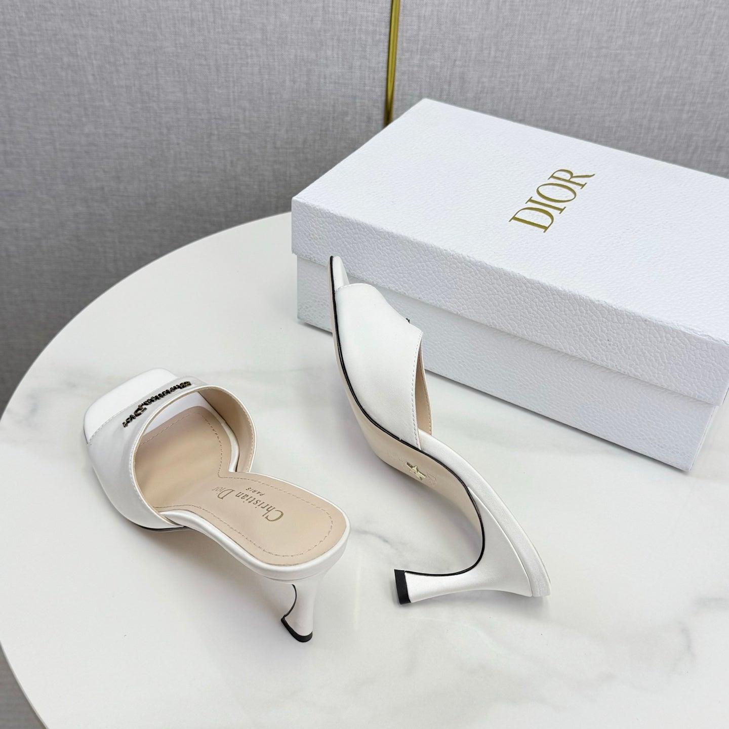 DIOR 26S HIGH-HEELED MULES IN WHITE SATIN GOLD HARDWARE
