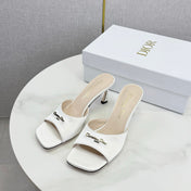 DIOR 26S HIGH-HEELED MULES IN WHITE SATIN GOLD HARDWARE
