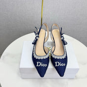 DIOR 26S SLINGBACK PUMPS IN NAVY BLUE FABRIC EMBOSSED LOGO