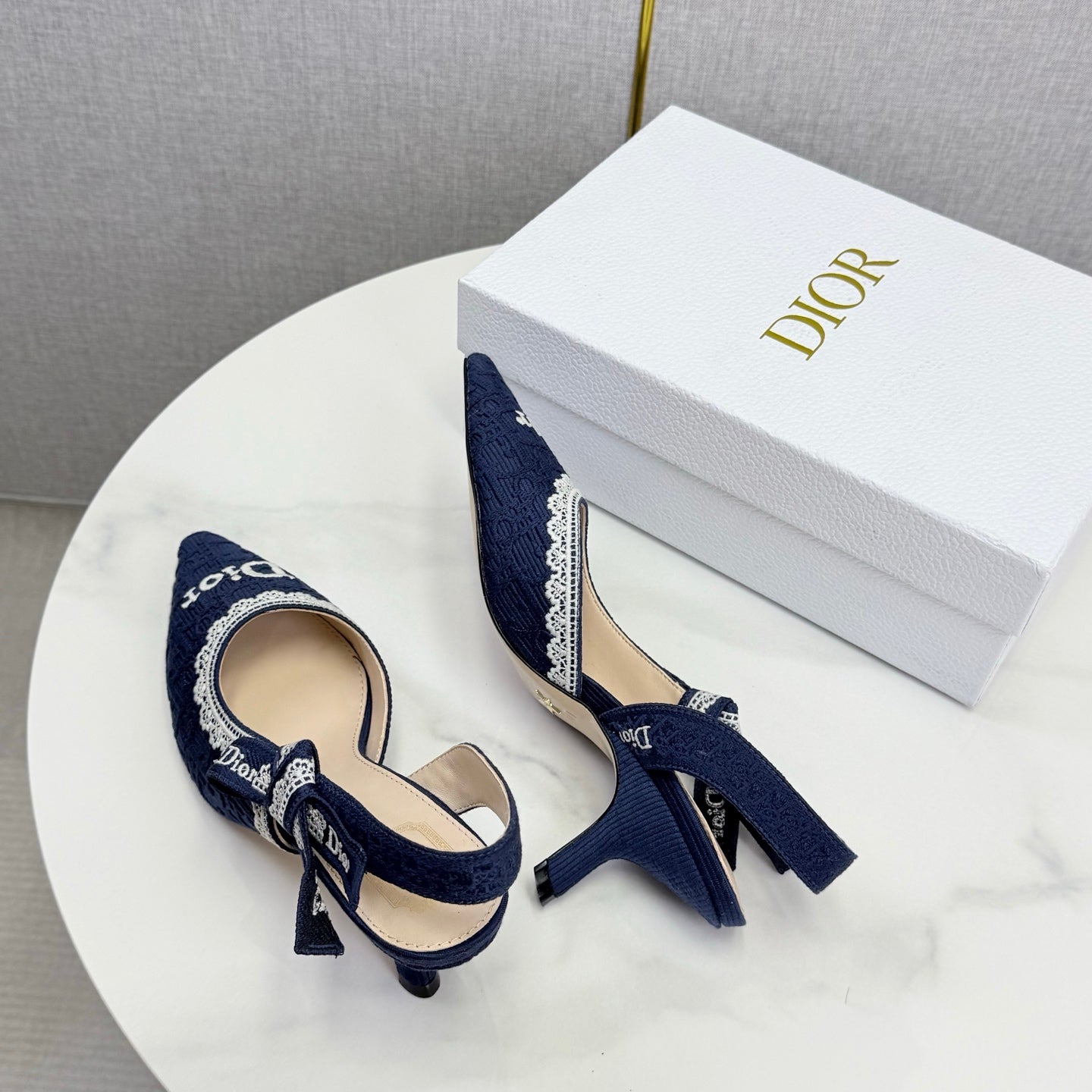 DIOR 26S SLINGBACK PUMPS IN NAVY BLUE FABRIC EMBOSSED LOGO