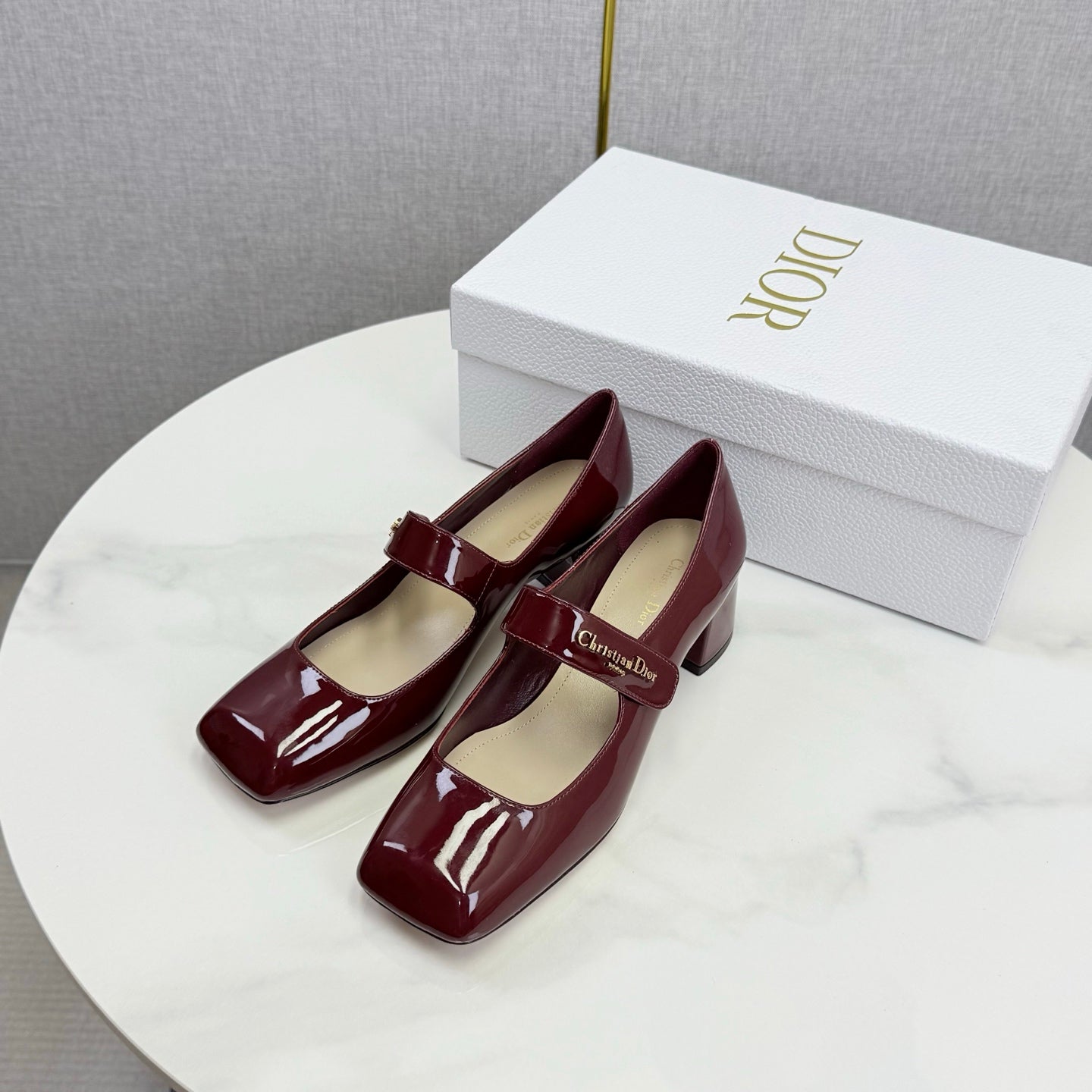 DIOR 26S MARY JANE HIGH HEELS 40MM IN WINE RED PATENT CALFSKIN GOLD HARDWARE