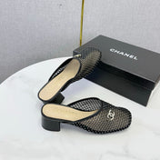 CHANEL 26S MESH HIGH HEEL MULES IN BLACK LAMBSKIN