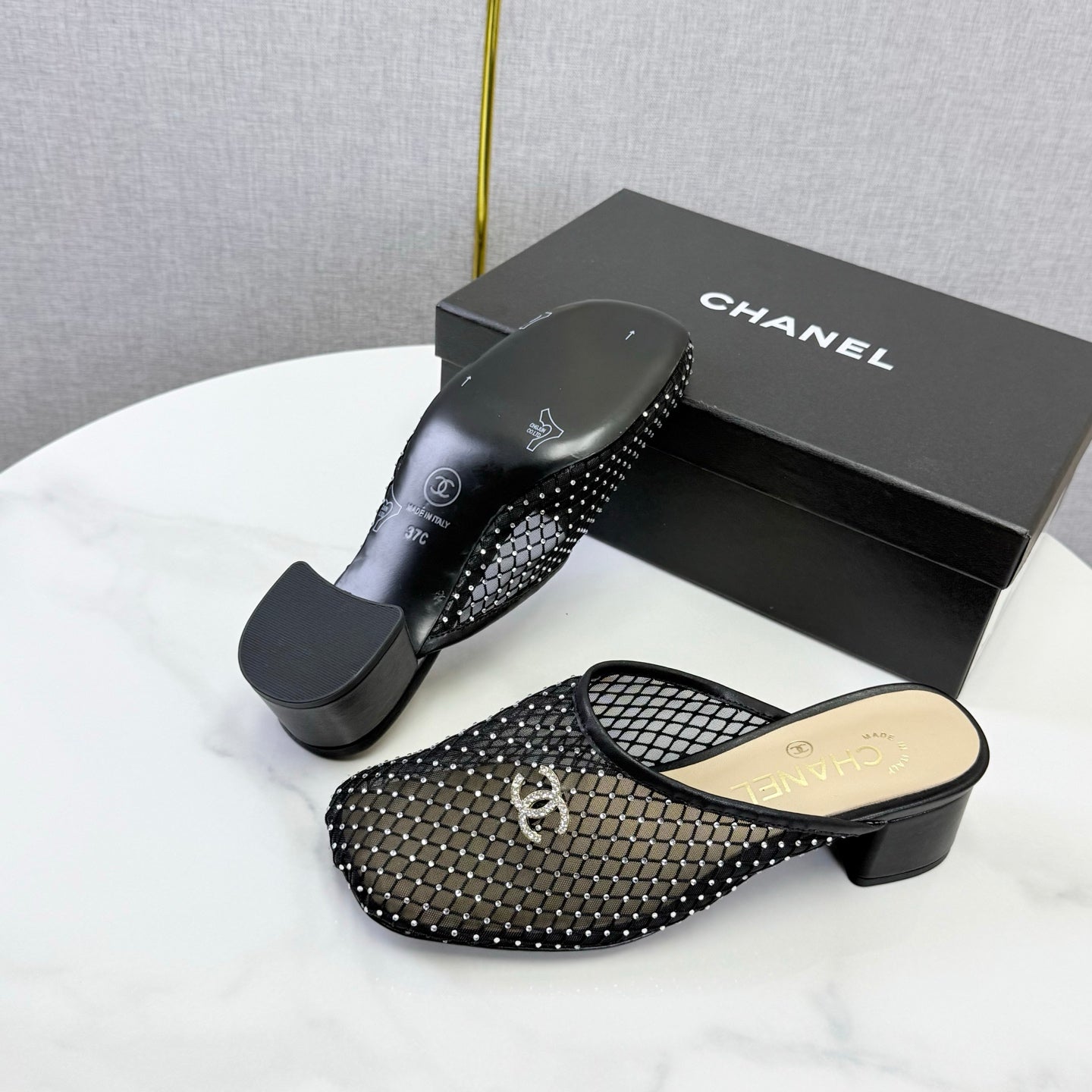 CHANEL 26S MESH HIGH HEEL MULES IN BLACK LAMBSKIN