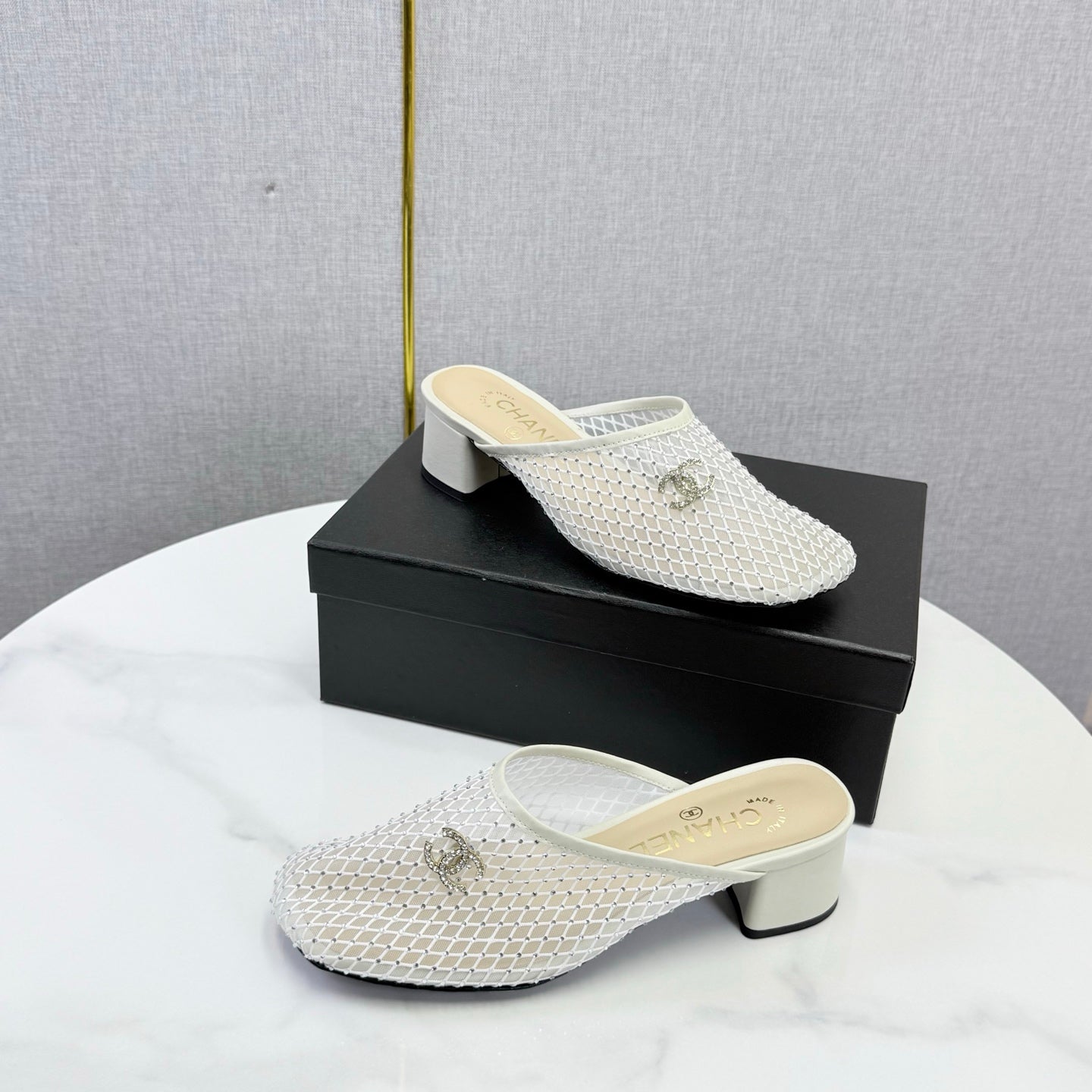 CHANEL 26S MESH HIGH HEEL MULES IN WHITE LAMBSKIN