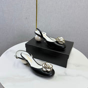 CHANEL 26S CAMELLIA PEARL SLINGBACKS IN BLACK CALFSKIN