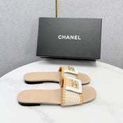 CHANEL 26S WOVEN STRAP SLIDES IN BEIGE AND ORANGE LAMBSKIN