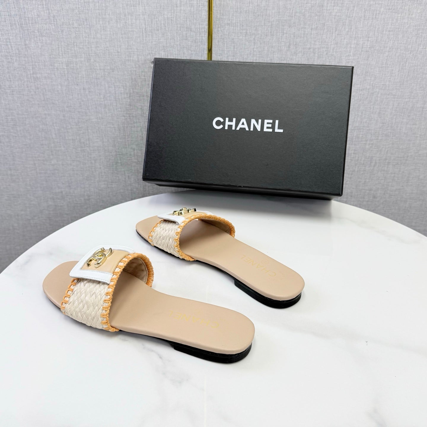 CHANEL 26S WOVEN STRAP SLIDES IN BEIGE AND ORANGE LAMBSKIN
