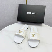 CHANEL 26S WOVEN STRAP SLIDES IN WHITE LAMBSKIN