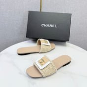 CHANEL 26S WOVEN STRAP SLIDES IN BEIGE LAMBSKIN