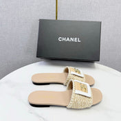 CHANEL 26S WOVEN STRAP SLIDES IN BEIGE LAMBSKIN