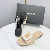 CHANEL 26S WOVEN STRAP SLIDES IN BEIGE LAMBSKIN