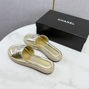 CHANEL 26S PLATFORM SLIDES IN GOLD LAMBSKIN WITH CC LOGO
