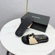 CHANEL 26S ICONIC CC SLIDES IN BEIGE LAMBSKIN