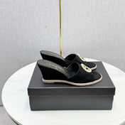 CHANEL 26S WEDGE HEELS IN BLACK SUEDE WITH CC PEARL EMBELLISHED