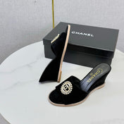 CHANEL 26S WEDGE HEELS IN BLACK SUEDE WITH CC PEARL EMBELLISHED