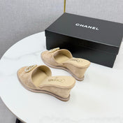 CHANEL 26S WEDGE HEELS IN BEIGE SUEDE WITH CC PEARL EMBELLISHED