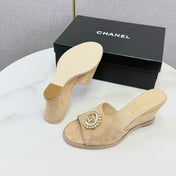 CHANEL 26S WEDGE HEELS IN BEIGE SUEDE WITH CC PEARL EMBELLISHED