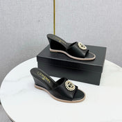 CHANEL 26S WEDGE HEELS IN BLACK LAMBSKIN WITH CC PEARL EMBELLISHED