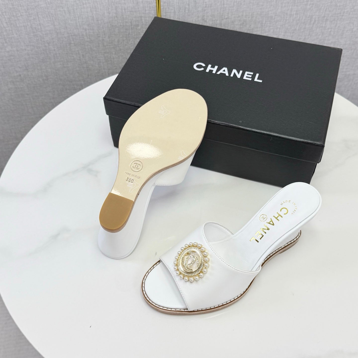 CHANEL 26S WEDGE HEELS IN WHITE LAMBSKIN WITH CC PEARL EMBELLISHED