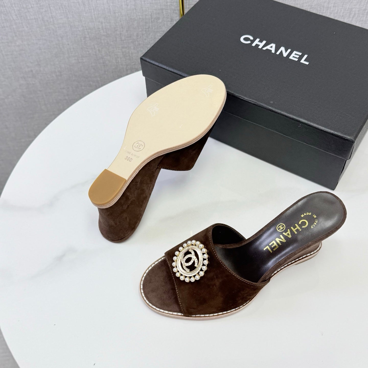 CHANEL 26S WEDGE HEELS IN DARK BROWN SUEDE WITH CC PEARL EMBELLISHED