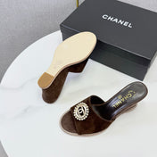 CHANEL 26S WEDGE HEELS IN DARK BROWN SUEDE WITH CC PEARL EMBELLISHED