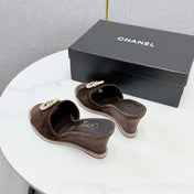 CHANEL 26S WEDGE HEELS IN DARK BROWN SUEDE WITH CC PEARL EMBELLISHED