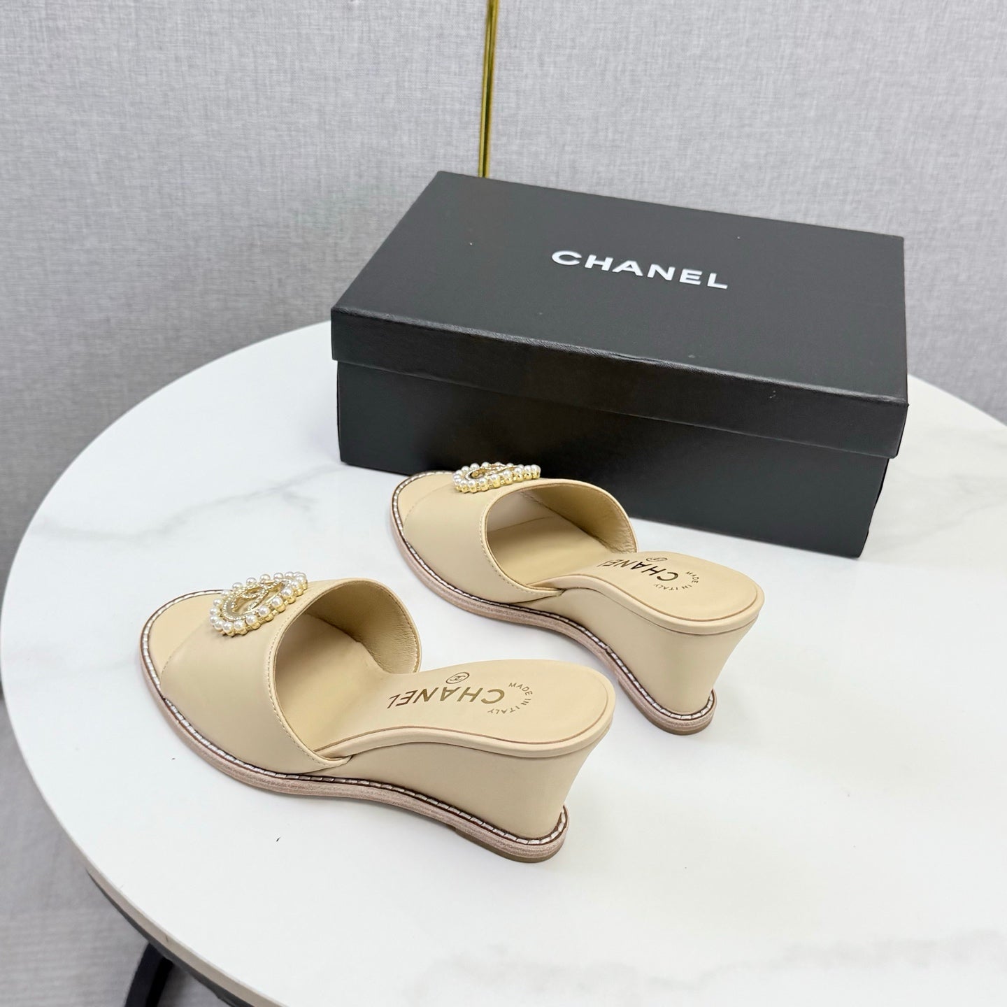 CHANEL 26S WEDGE HEELS IN BEIGE LAMBSKIN WITH CC PEARL EMBELLISHED