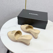 CHANEL 26S WEDGE HEELS IN BEIGE LAMBSKIN WITH CC PEARL EMBELLISHED