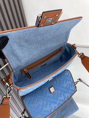 Fend Baguette Blue Brown Canvas Bag 27 with FF Embroidery Ghw