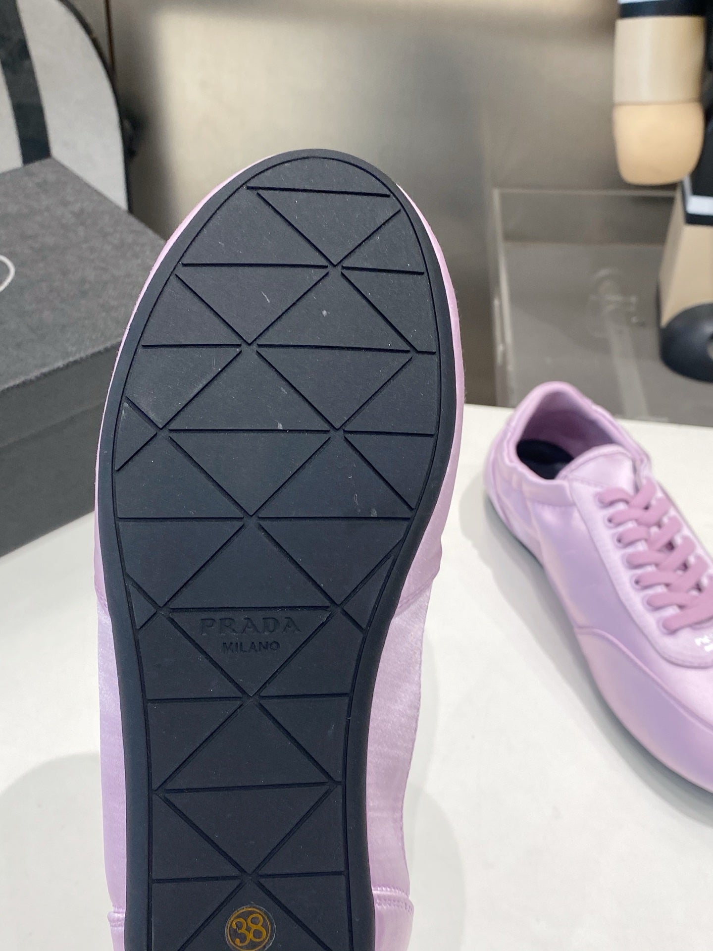 PRADA 26S SNEAKERS IN LIGHT PURPLE SATIN