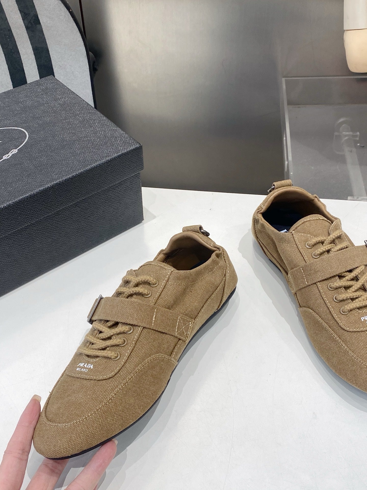 PRADA 26S SNEAKERS IN BROWN FABRIC SILVER HARDWARE