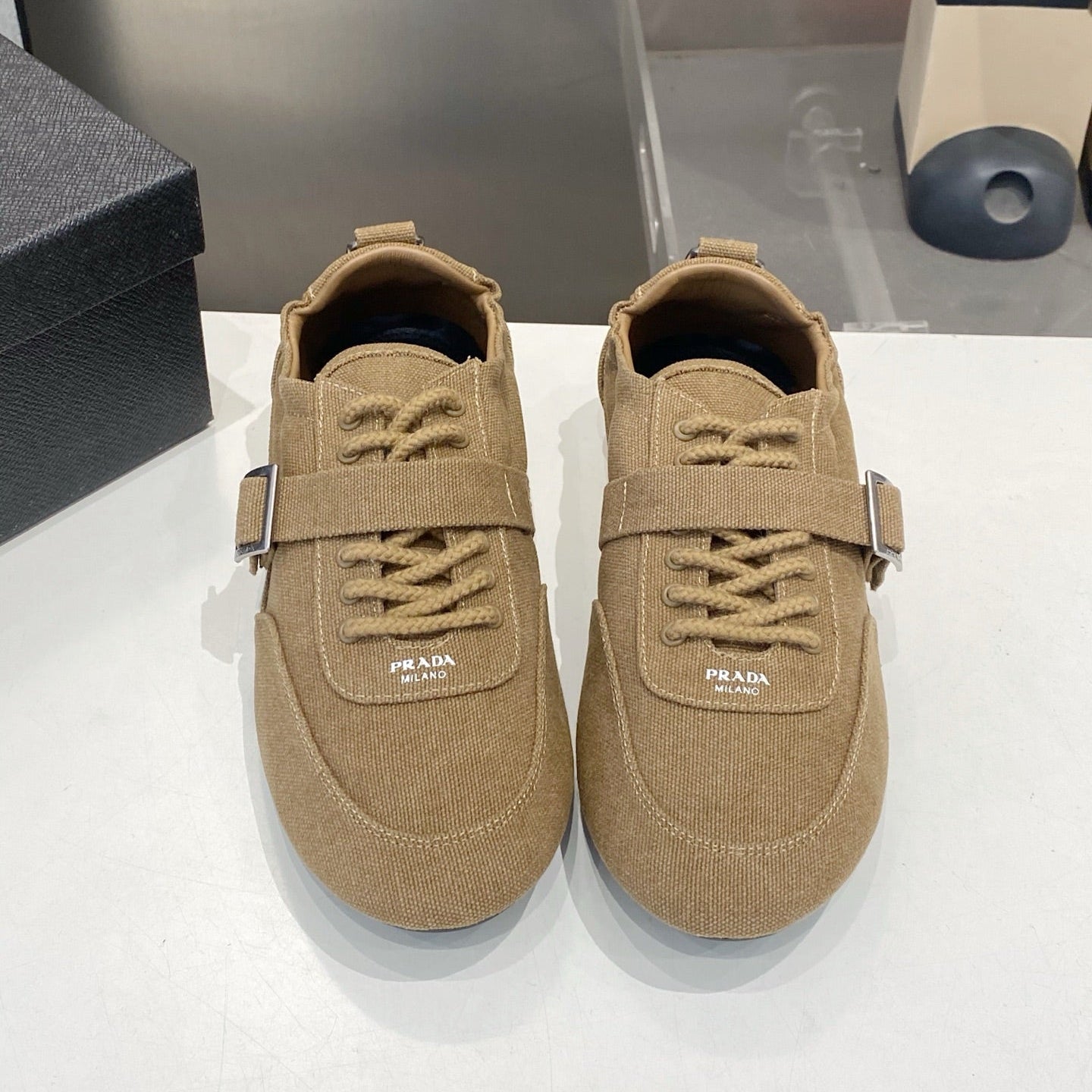 PRADA 26S SNEAKERS IN BROWN FABRIC SILVER HARDWARE