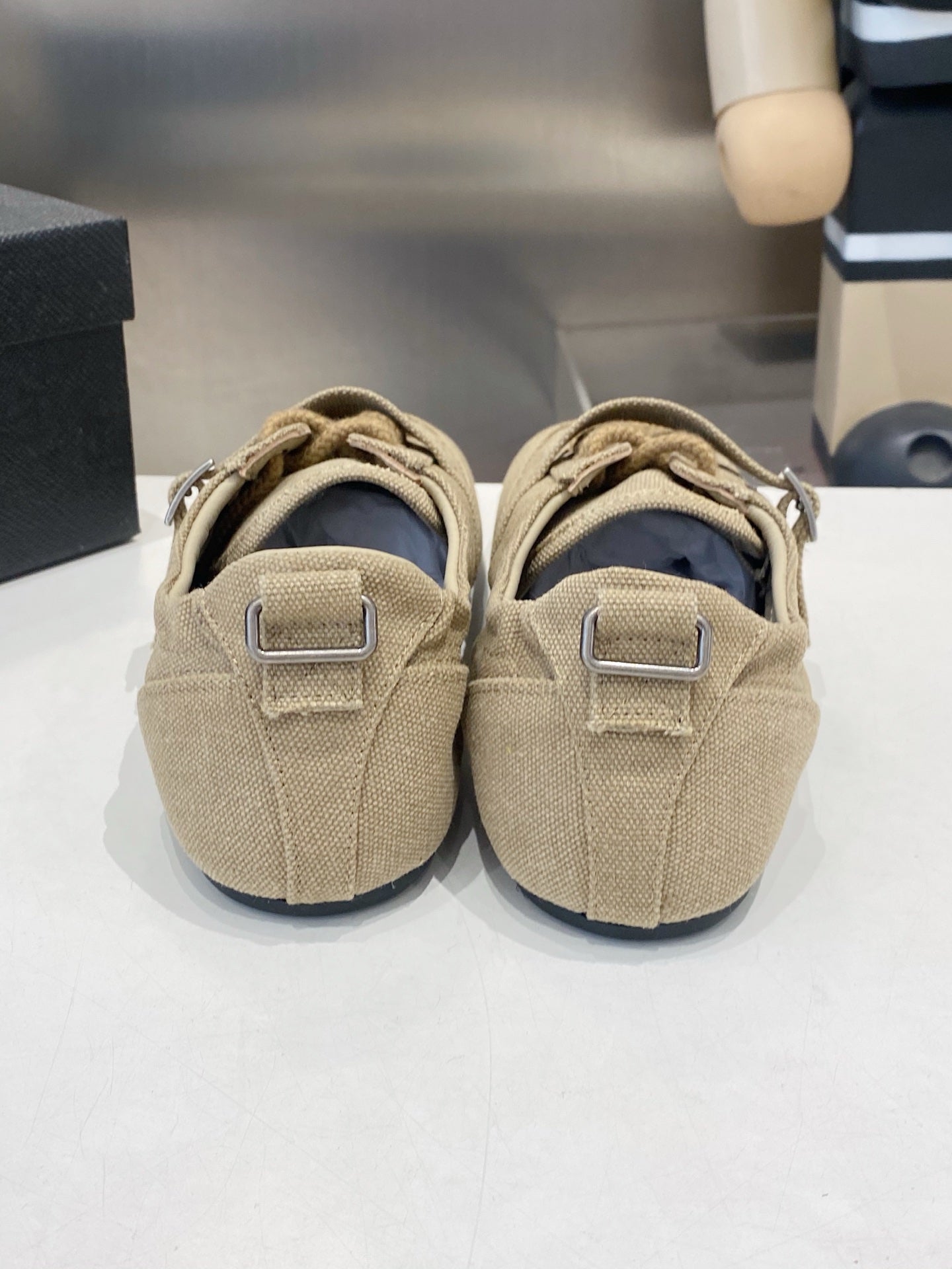 PRADA 26S SNEAKERS IN LIGHT BROWN FABRIC SILVER HARDWARE