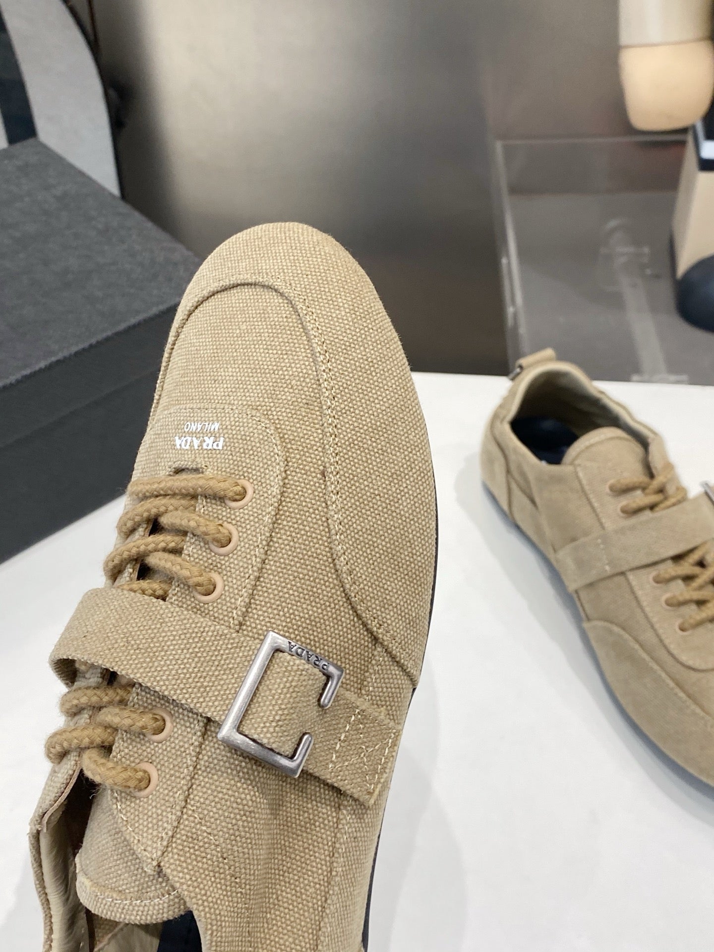 PRADA 26S SNEAKERS IN LIGHT BROWN FABRIC SILVER HARDWARE