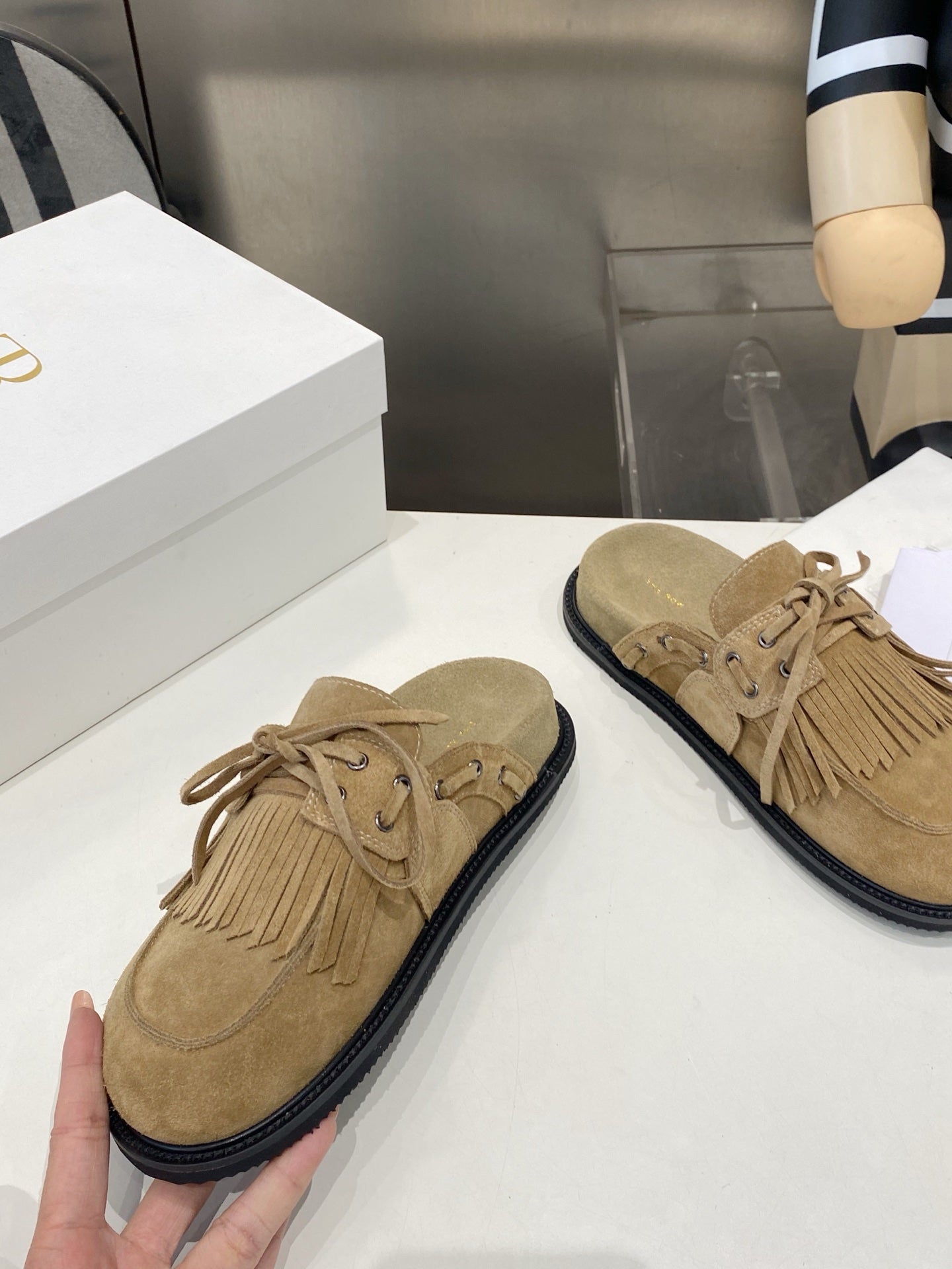 THE ROW 26S FRINGE LACE UP MULES IN SAND BEIGE SUEDE